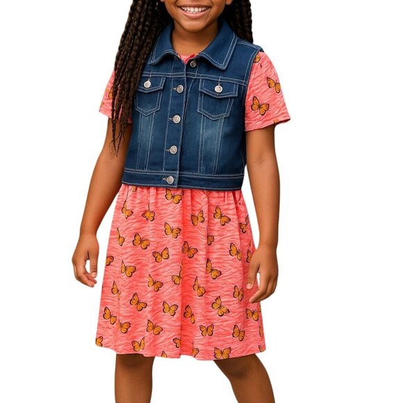 Limited Too XL (12) Denim Vest Dress 2-Piece Set Girls Adorable Butterfly Pink - Picture 1 of 11